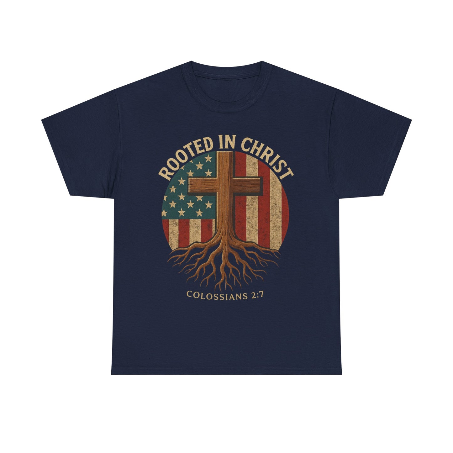 Rooted in Christ T-Shirt – Christian American Flag Cross Tee for Men & Women