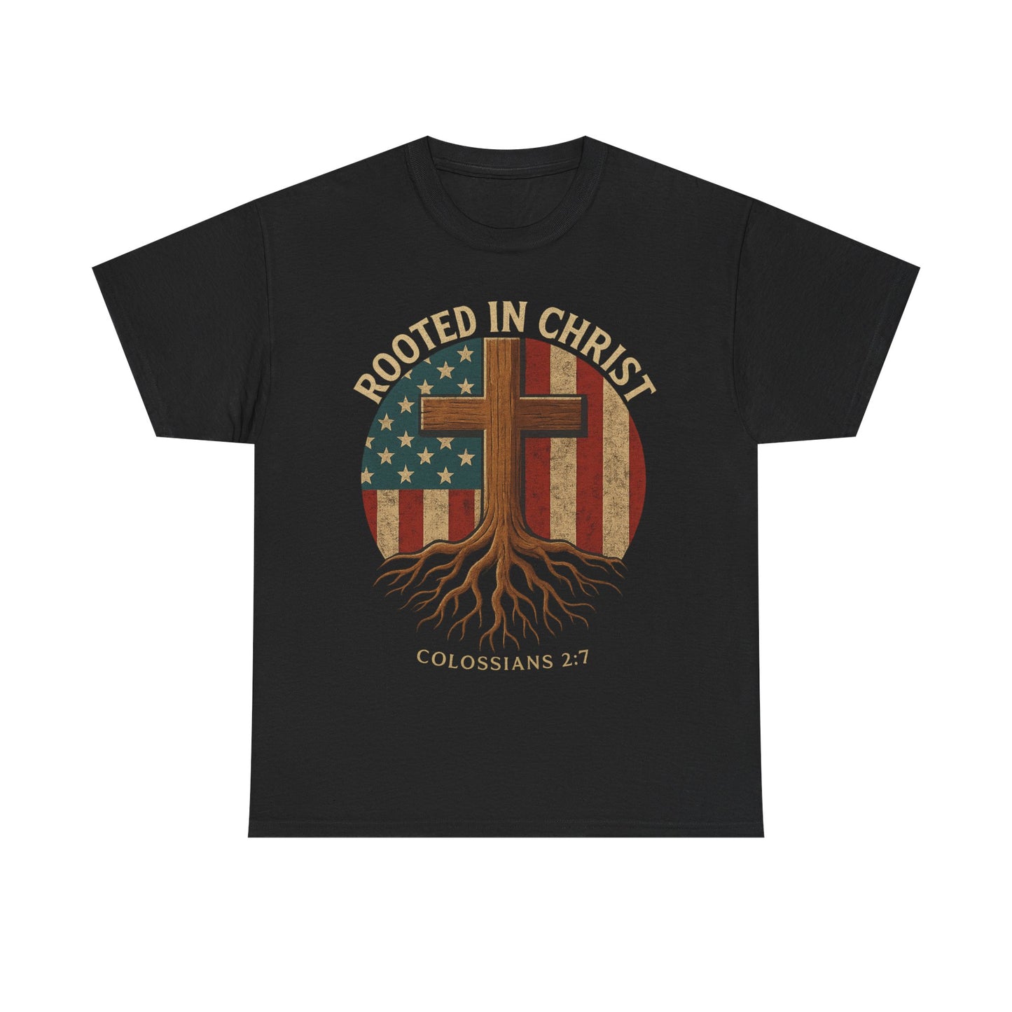 Rooted in Christ T-Shirt – Christian American Flag Cross Tee for Men & Women