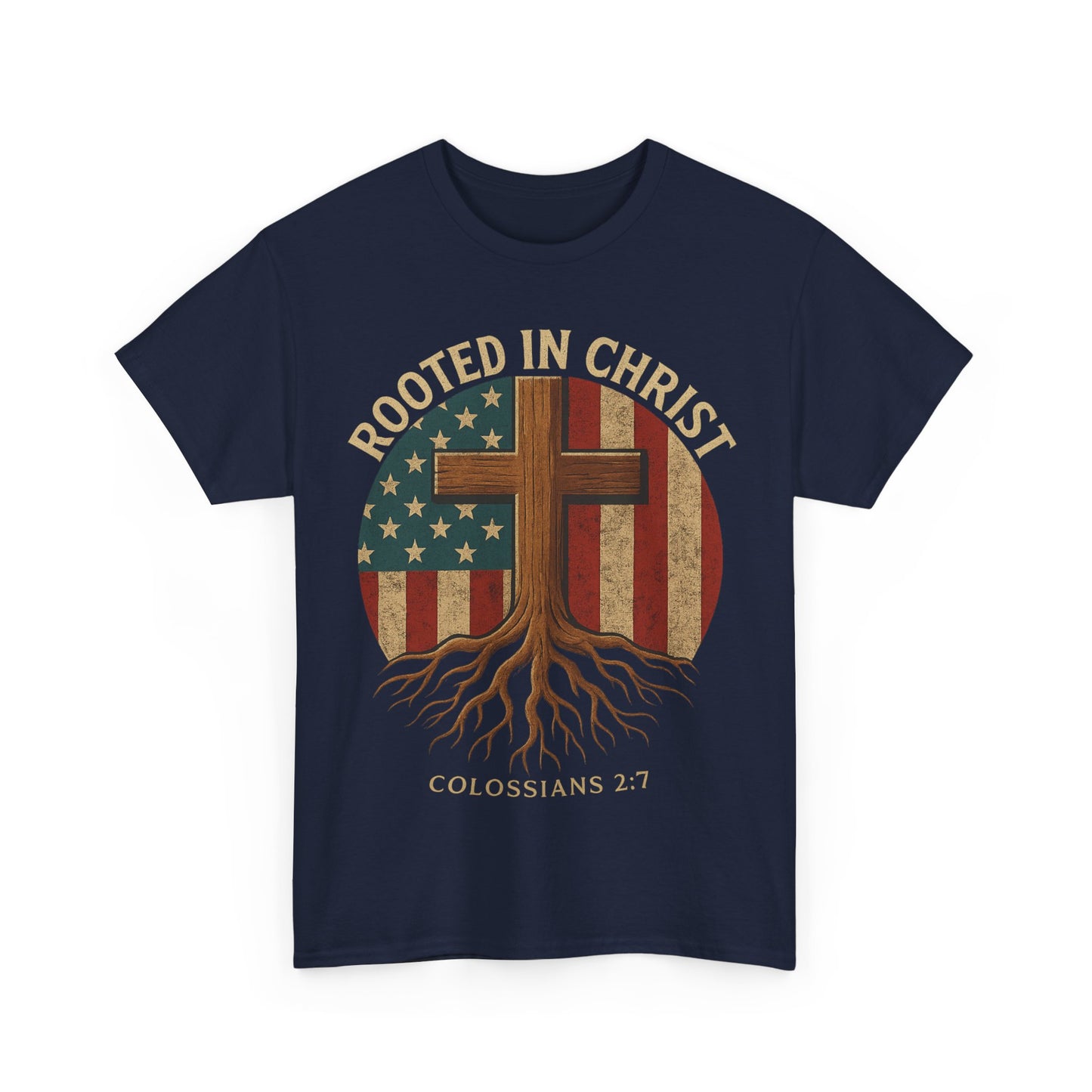 Rooted in Christ T-Shirt – Christian American Flag Cross Tee for Men & Women