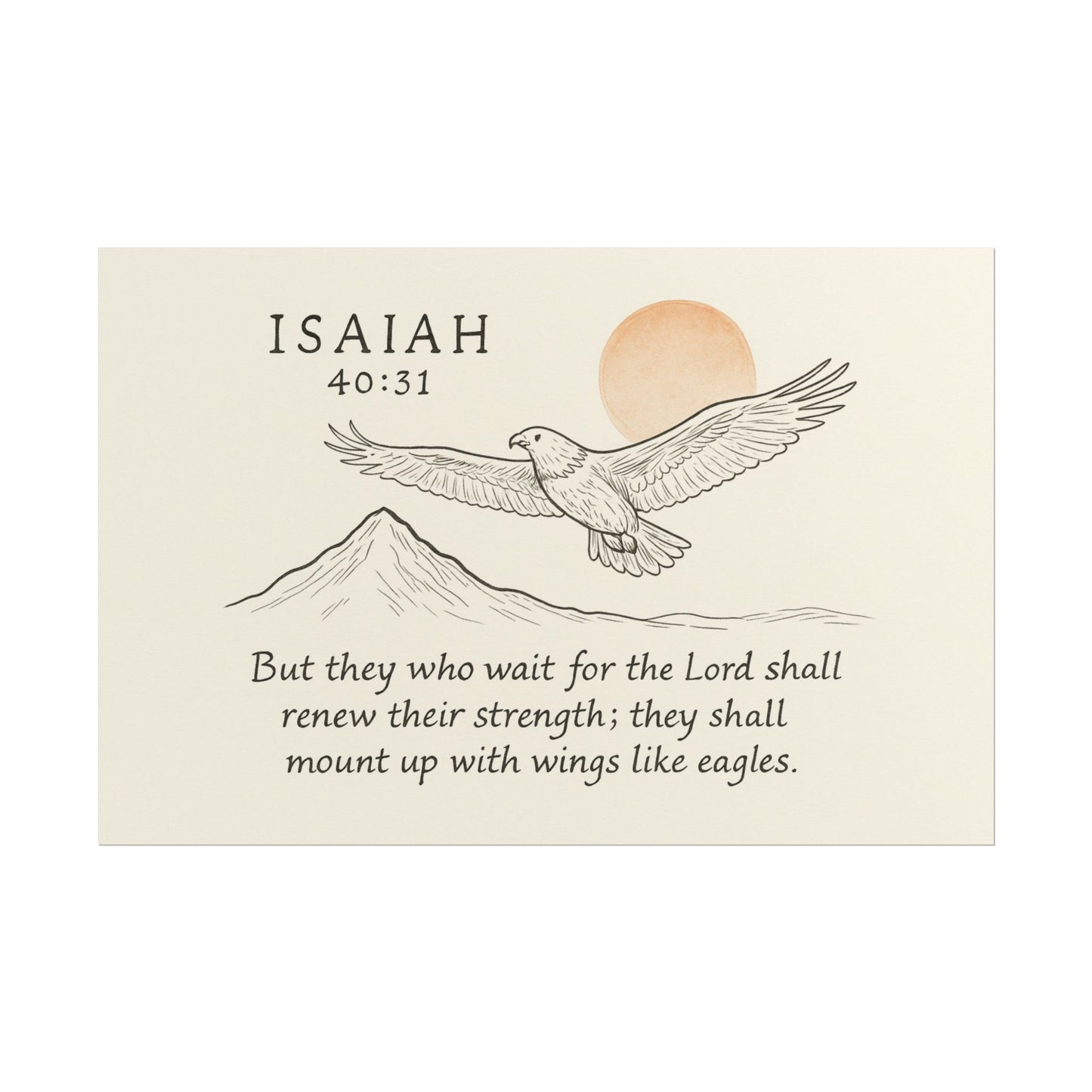 Illustration of an eagle with a mountain and sun, Isaiah 40:31 text on a beige background
