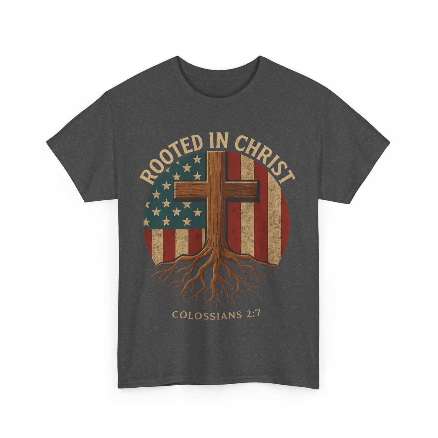 Rooted in Christ T-Shirt – Christian American Flag Cross Tee for Men & Women