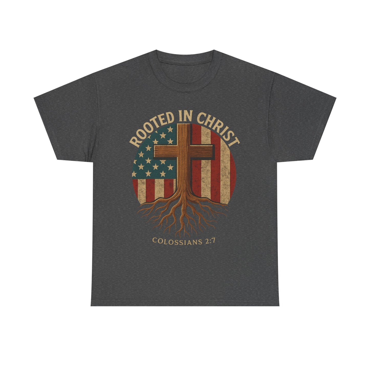 Rooted in Christ T-Shirt – Christian American Flag Cross Tee for Men & Women