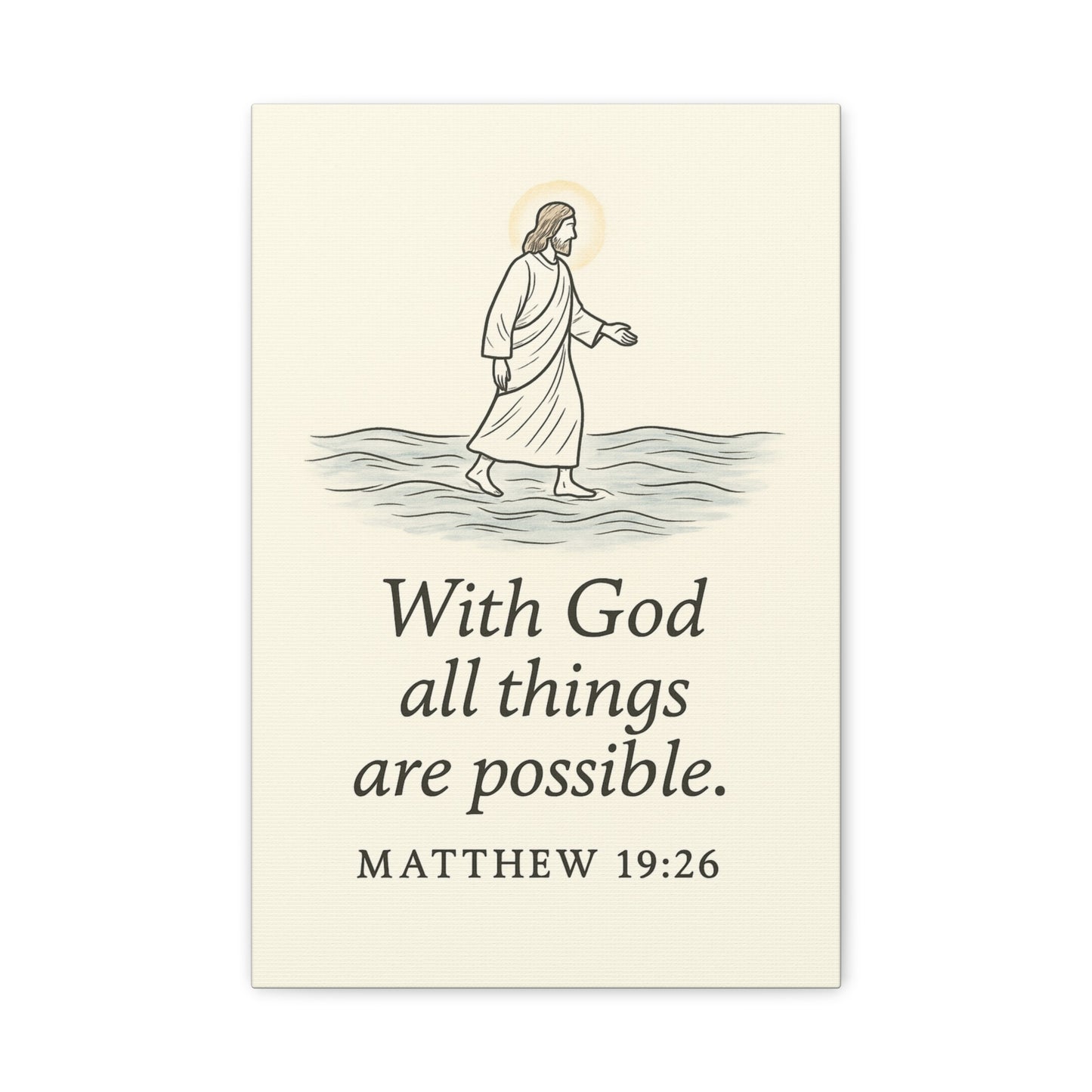 Minimalist Christian Poster with a illustration of Jesus walking on water and the quote 'With God all things are possible. Matthew 19:26' on a beige background.