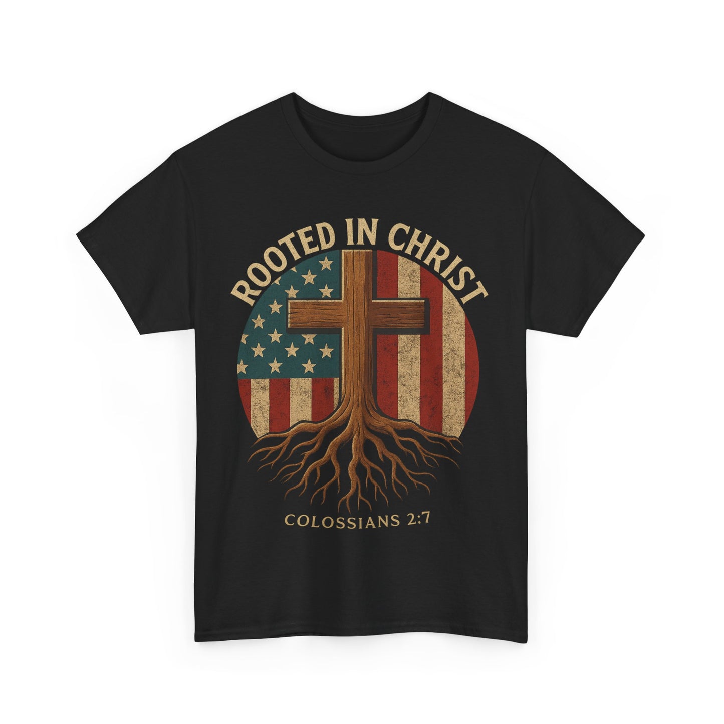 Rooted in Christ T-Shirt – Christian American Flag Cross Tee for Men & Women