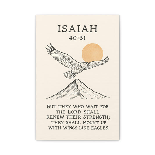 Minimalist Christian canvas wall art with Isaiah 40:31 – Those that wait upon the Lord will renew their strength scripture decor for faith and encouragement.