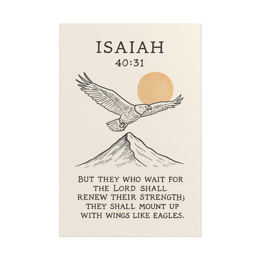 Minimalist Christian poster with Isaiah 40:31 – They shall mount up with wings like eagles scripture wall art for faith and strength.