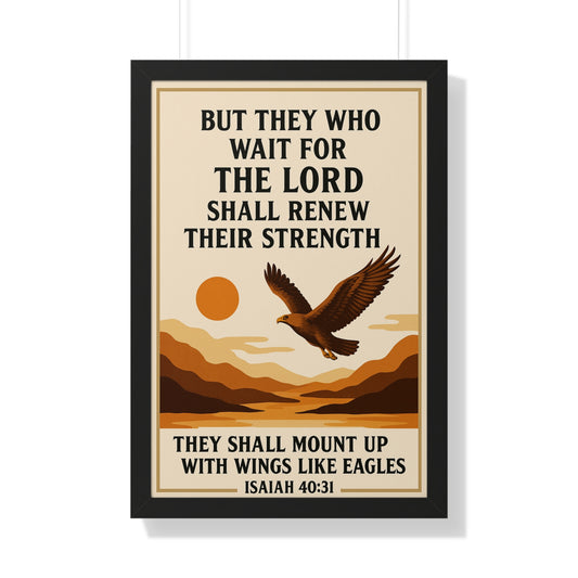Minimalist framed Christian wall art with Isaiah 40:31 – Those that wait upon the Lord will renew their strength scripture decor for faith and hope.