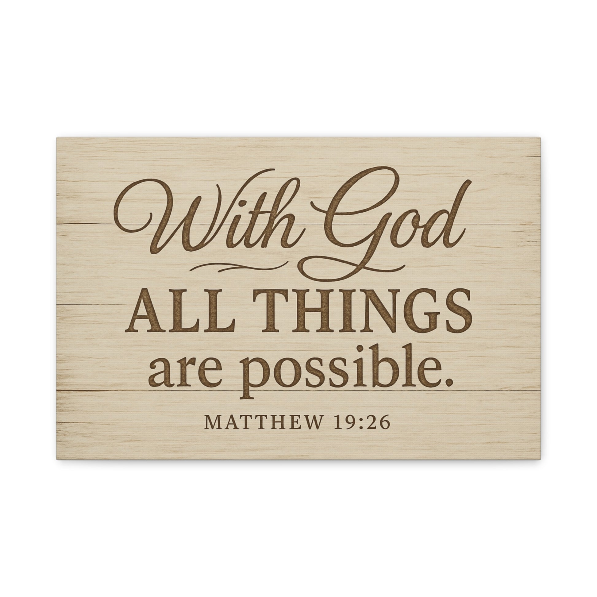 Minimalist Christian canvas print with Matthew 19:26 – With God all things are possible scripture wall art for trust, hope, and encouragement.