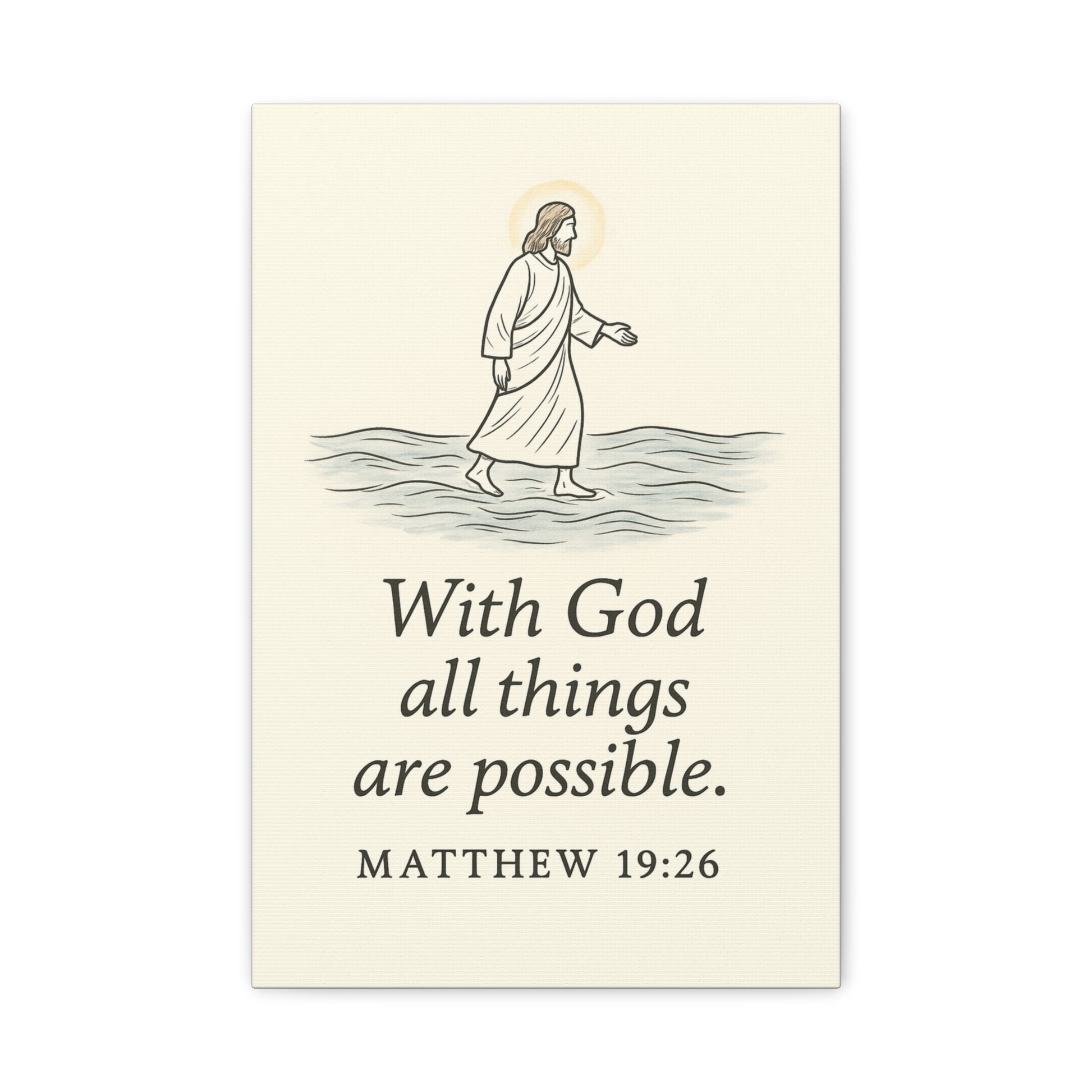 Minimalist Christian Poster with a illustration of Jesus walking on water and the quote 'With God all things are possible. Matthew 19:26' on a beige background.