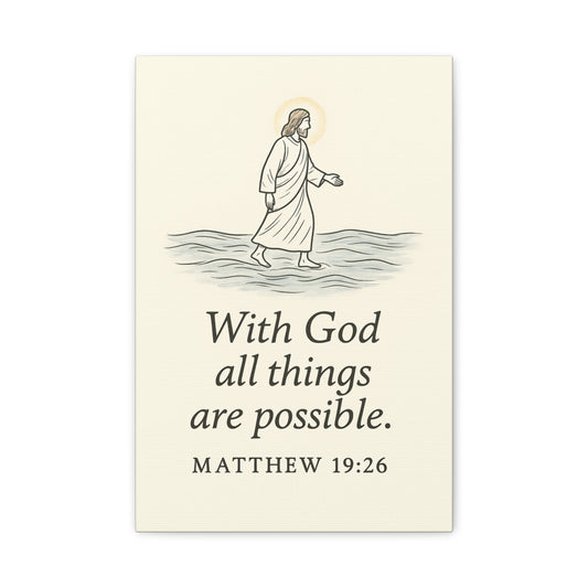 Minimalist Christian Poster with a illustration of Jesus walking on water and the quote 'With God all things are possible. Matthew 19:26' on a beige background.