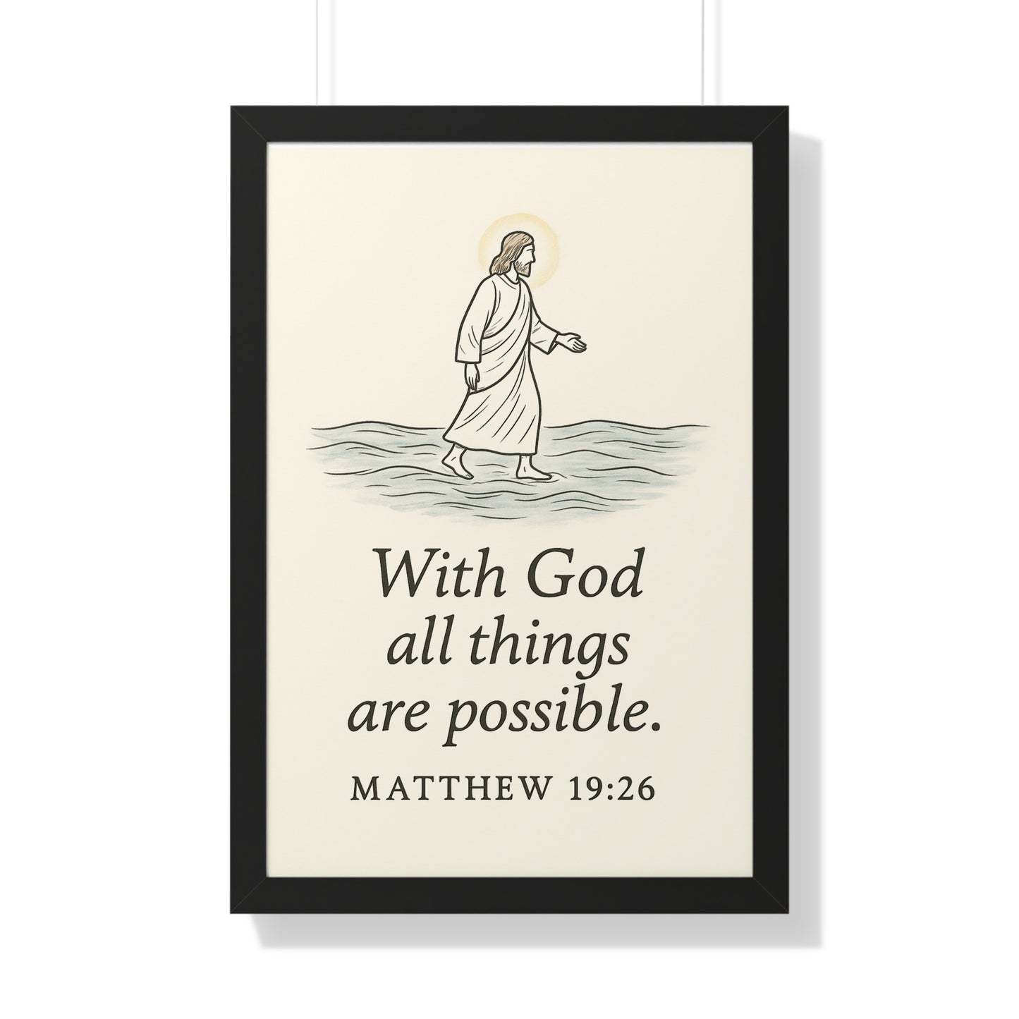 Minimalist framed Christian poster with Matthew 19:26 – With God all things are possible scripture wall art for trust and hope in God.
