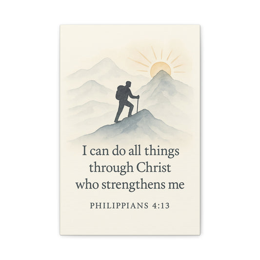 Minimalist Christian Poster with silhouette of a person on a mountain, sun, and mountains with text 'I can do all things through Christ who strengthens me' from Philippians 4:13.