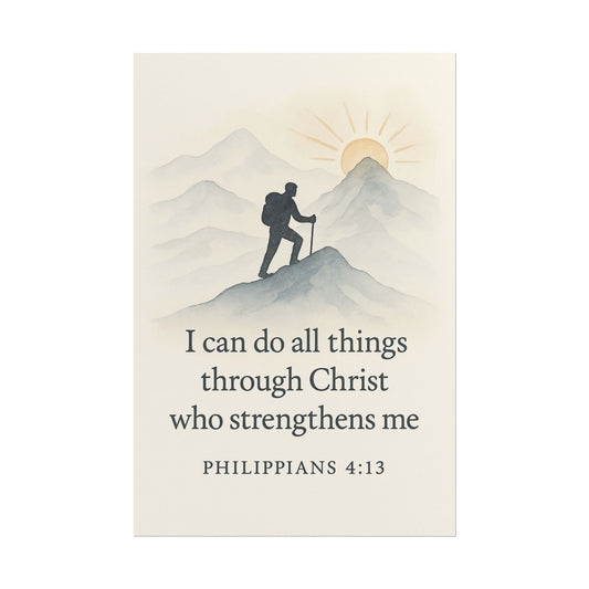 Minimalist Christian poster with Philippians 4:13 – I can do all things through Christ who strengthens me scripture wall art for strength and faith.