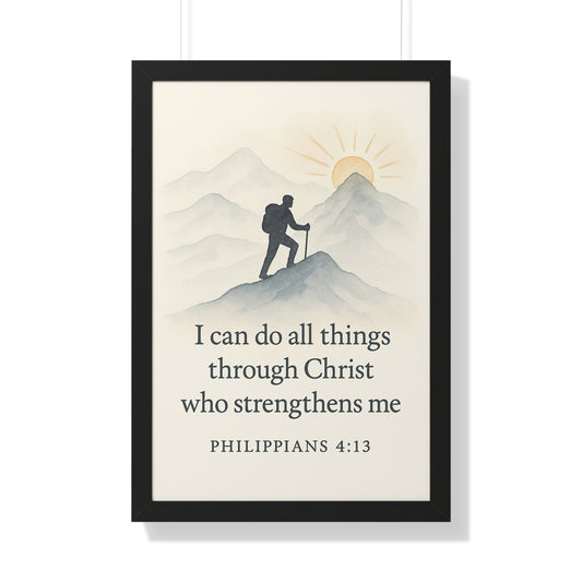 Minimalist framed Christian poster with Philippians 4:13 – I can do all things through Christ who strengthens me scripture wall art for faith and courage.