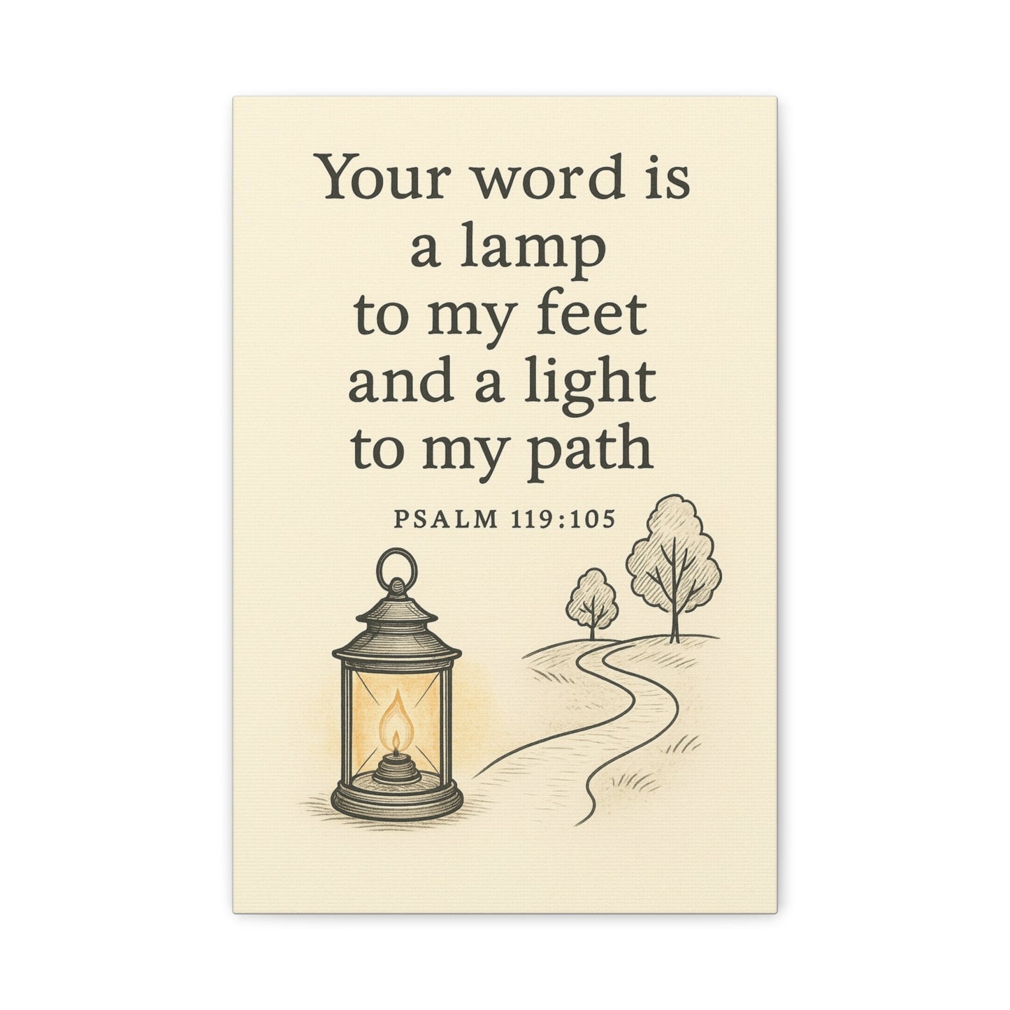 Minimalist Christian canvas wall art with Psalm 119:105 – Your word is a lamp to my feet and a light to my path scripture decor for guidance and faith.