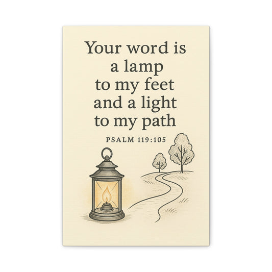 Minimalist Christian canvas wall art with Psalm 119:105 – Your word is a lamp to my feet and a light to my path scripture decor for guidance and faith.