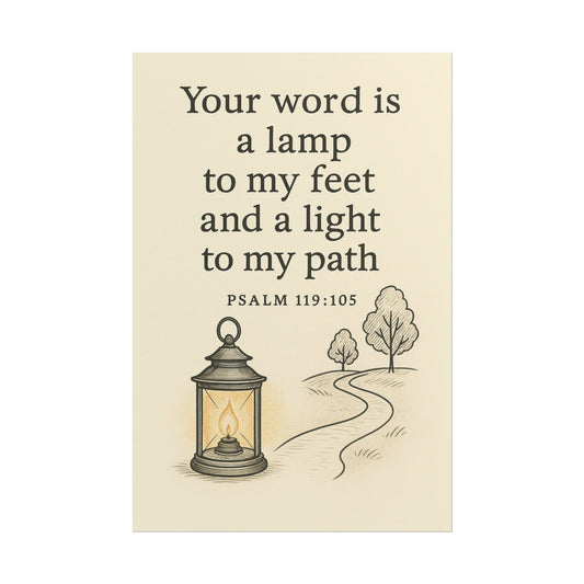 Minimalist Christian poster with Psalm 119:105 – Your word is a lamp to my feet and a light to my path scripture wall art for faith and guidance.