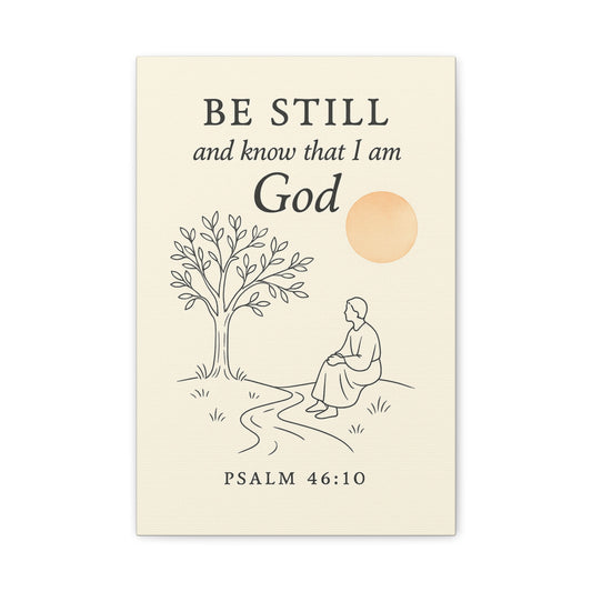 Minimalist Christian canvas wall art with Psalm 46:10 – Be still and know that I am God scripture decor for peace and trust in the Lord.
