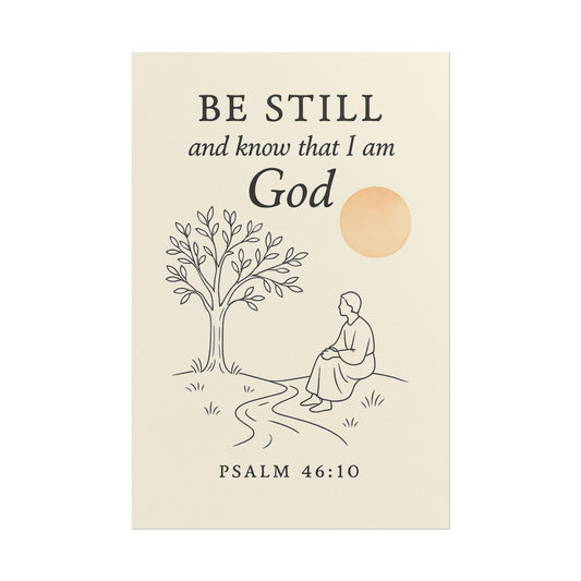 Minimalist Christian poster with Psalm 46:10 – Be still and know that I am God scripture wall art for peace and trust in the Lord.