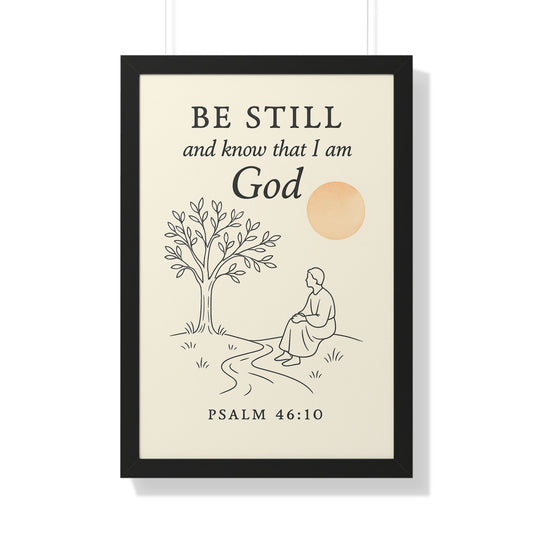 Minimalist framed Christian poster with Psalm 46:10 – Be still and know that I am God scripture wall art for peace and trust in the Lord.