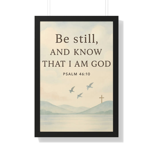 Minimalist framed Christian poster with Psalm 46:10 – Be still and know that I am God scripture wall art for peace, faith, and reflection.